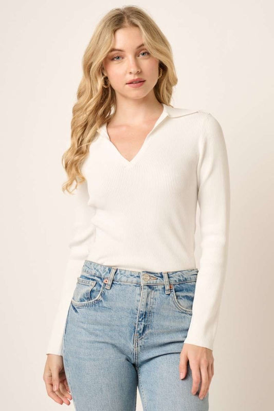 Polo Long Sleeve Ribbed Knit Top