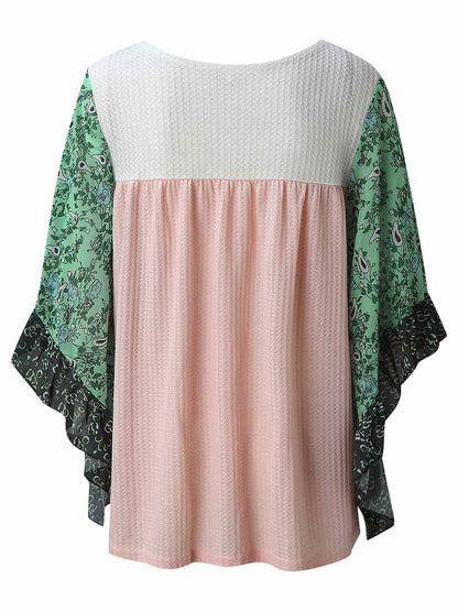 Print Round Neck Three-Quarter Sleeve Blouse