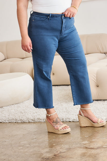Crop Tummy Control High Waist Raw Hem Jeans