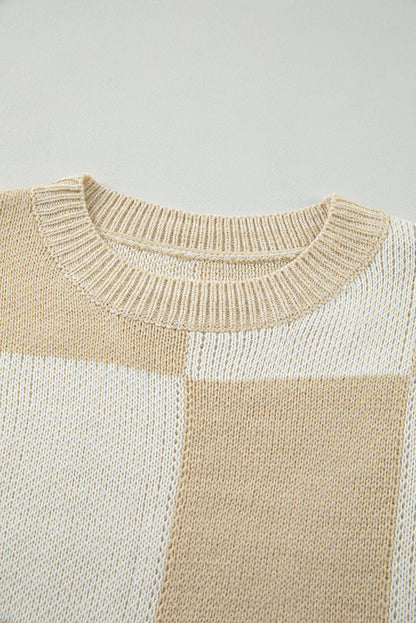 Checkered Round Neck Drop Shoulder Sweater