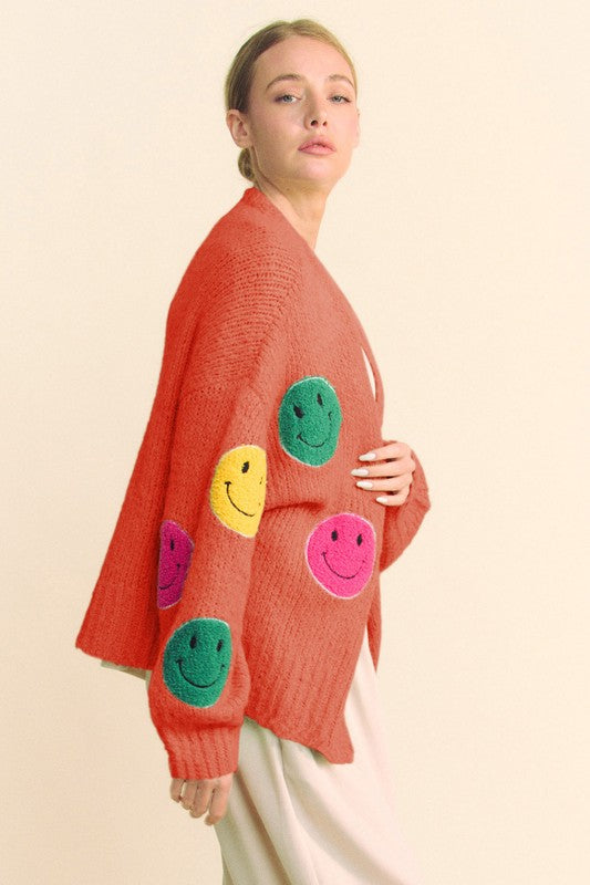 Fuzzy Smile Open Front Long Sleeve Cardigan