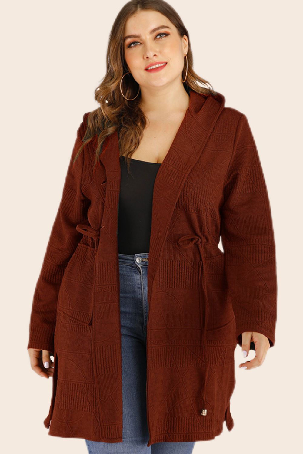 Plus Drawstring Waist Hooded Cardigan with Pockets