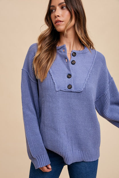 Half Button Ribbed Hem Sweater