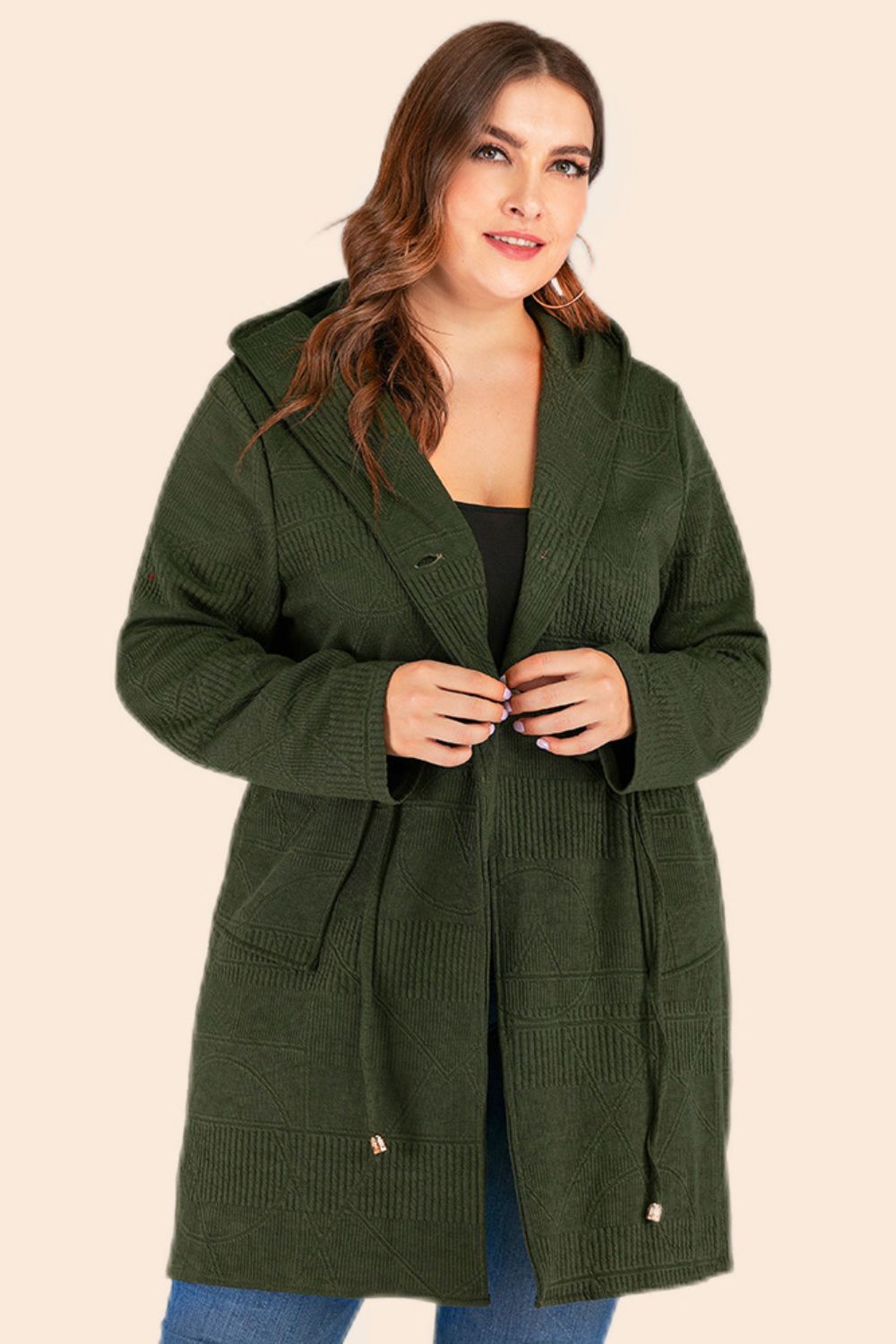 Plus Drawstring Waist Hooded Cardigan with Pockets