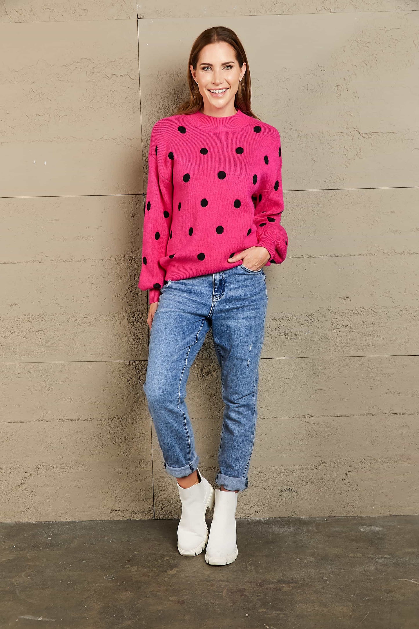 Polka Dot Round Neck Dropped Shoulder Sweater