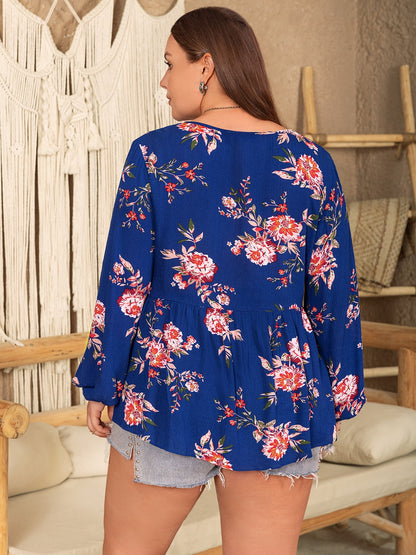 Plus Print Tie Neck Balloon Sleeve Blouse