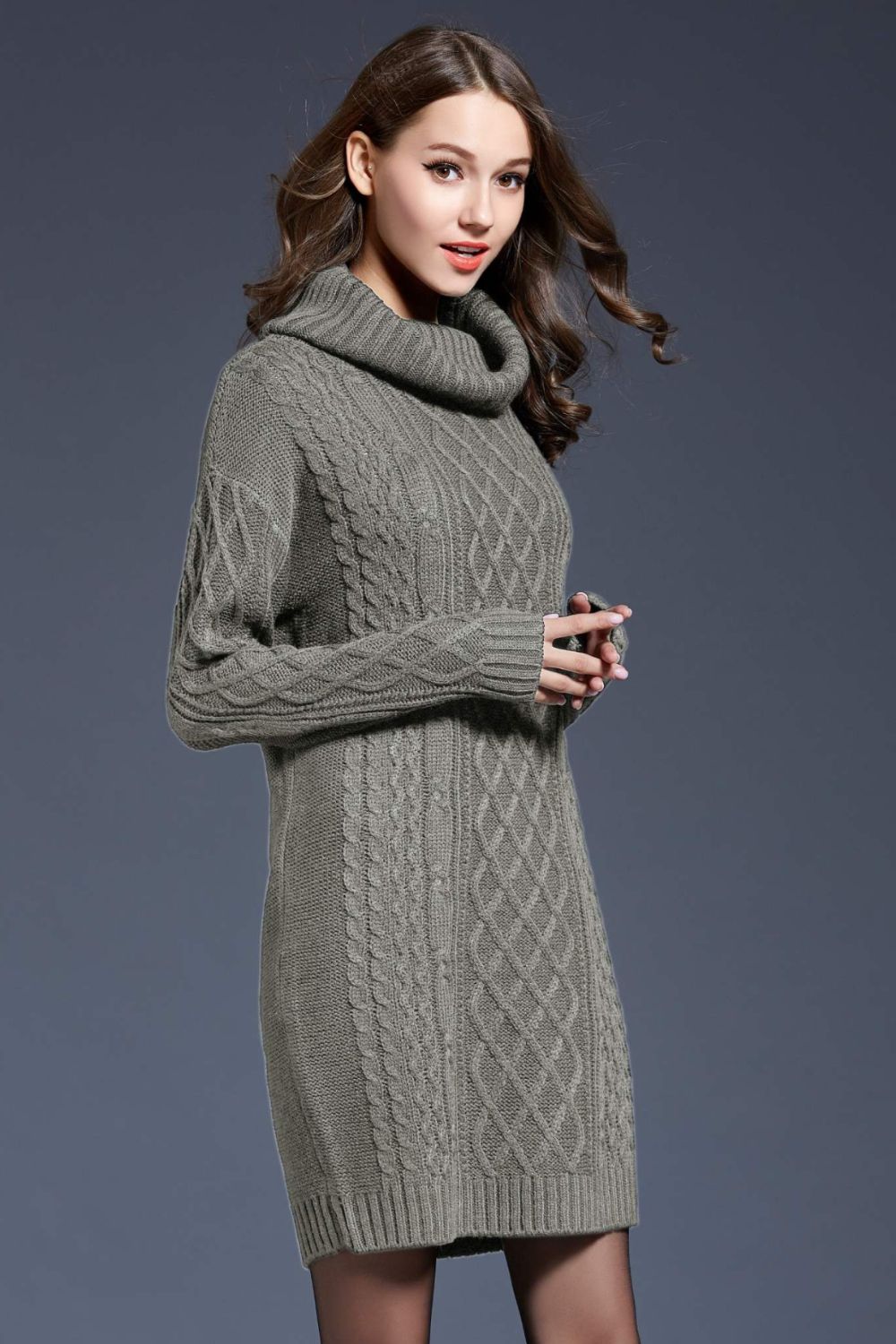 Mixed Knit Cowl Neck Dropped Shoulder Sweater Dress