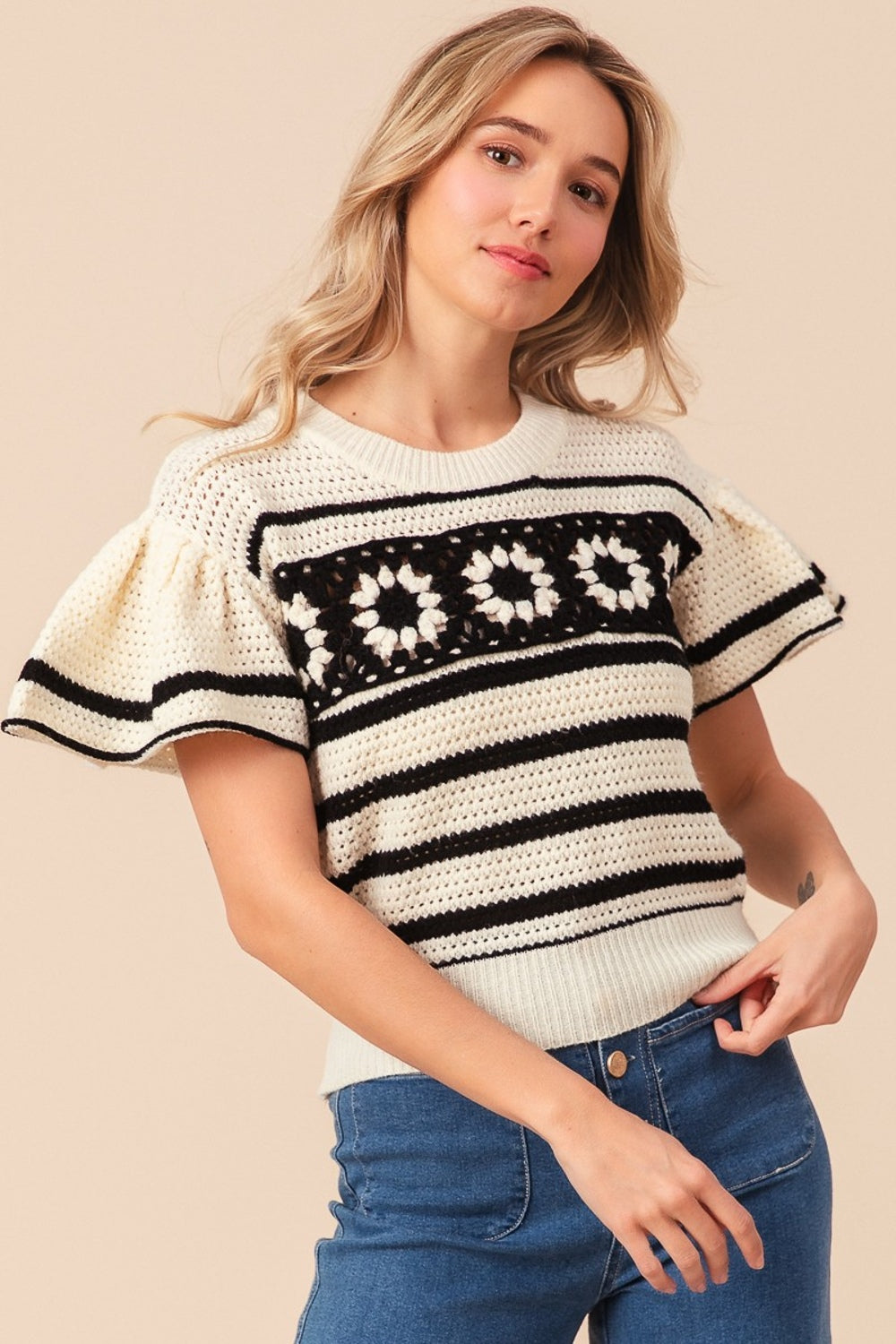 Granny Square Short Sleeve Striped Sweater