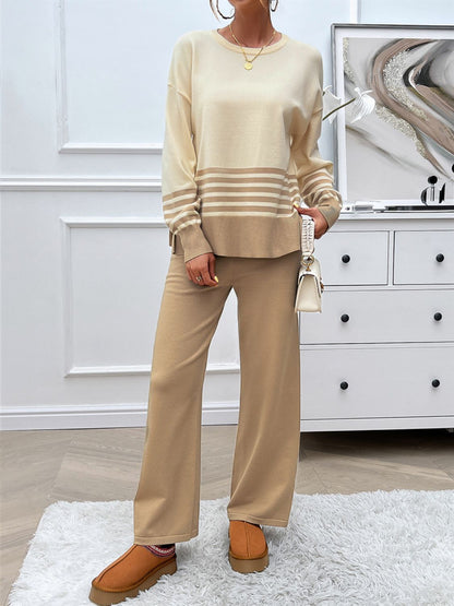 Slit Striped Round Neck Top and Pants Sweater Set