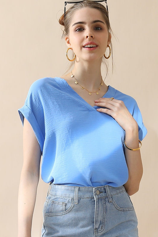 V-Neck Trim Rolled Short Sleeve Shirt (Copy)