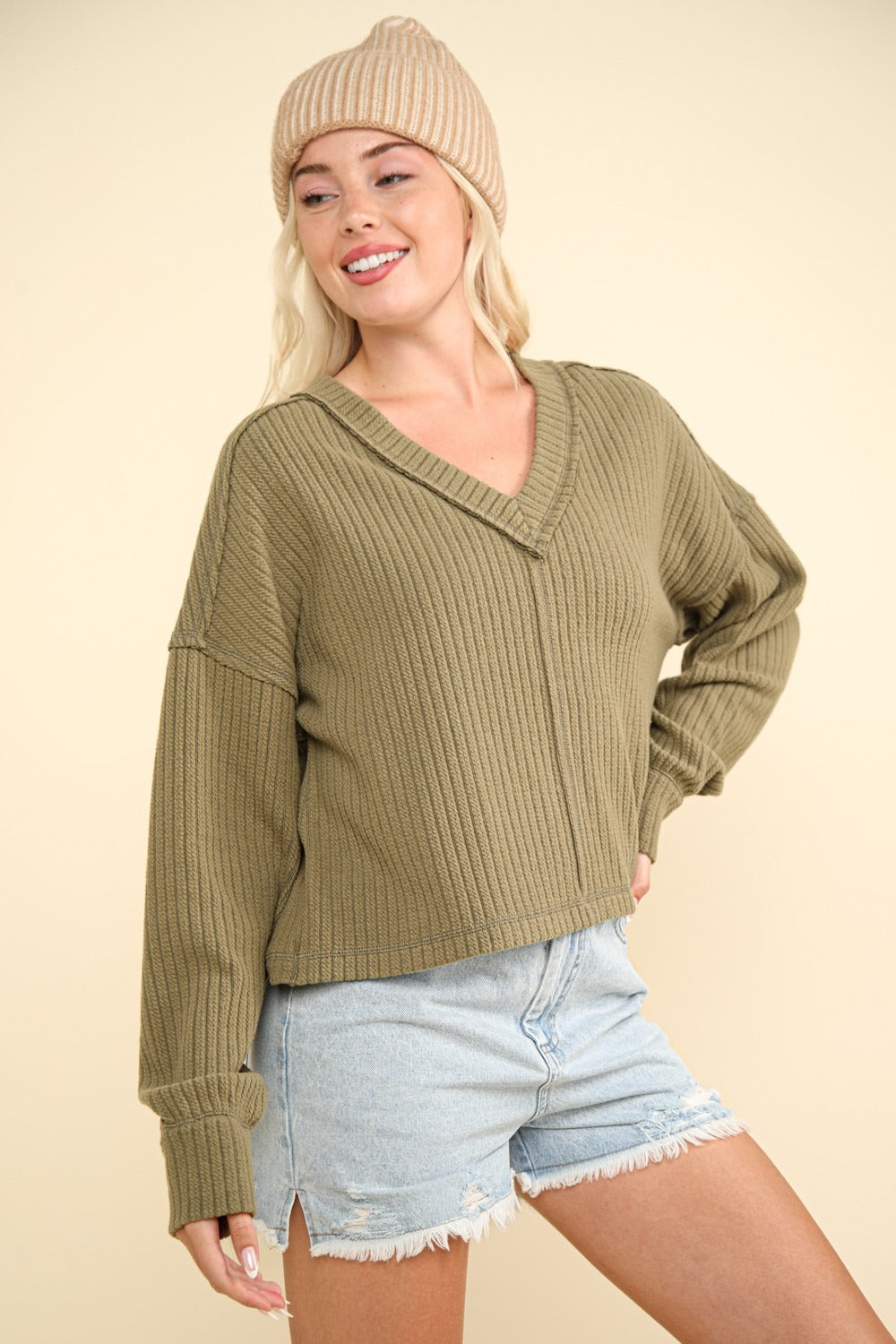 Exposed Seam V-Neck Ribbed Knit Top