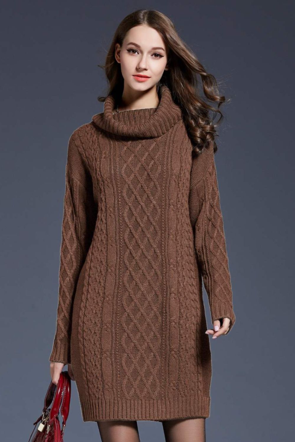 Mixed Knit Cowl Neck Dropped Shoulder Sweater Dress