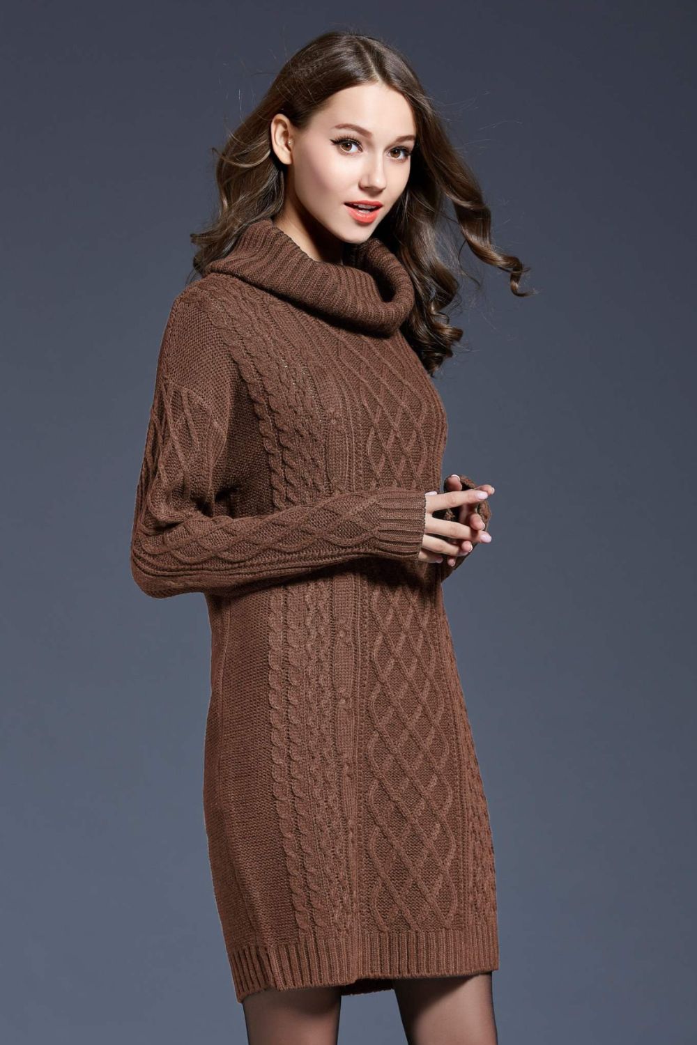 Mixed Knit Cowl Neck Dropped Shoulder Sweater Dress