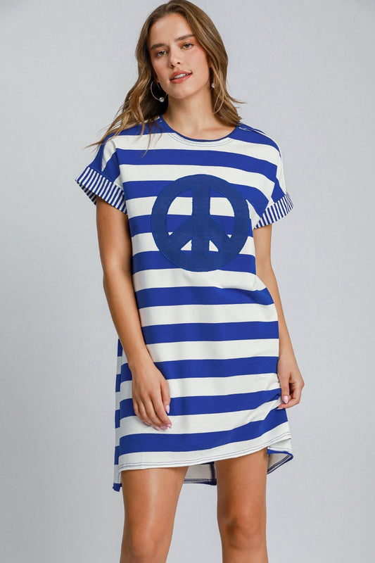 Peace Applique Striped Short Sleeve Mini Dress