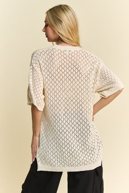 Side Slit Openwork Round Neck Half Sleeve Knit Cover Up