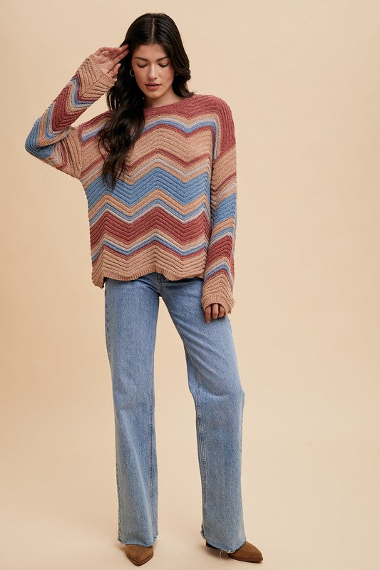 Multi Color Zig-Zag Round Neck Sweater