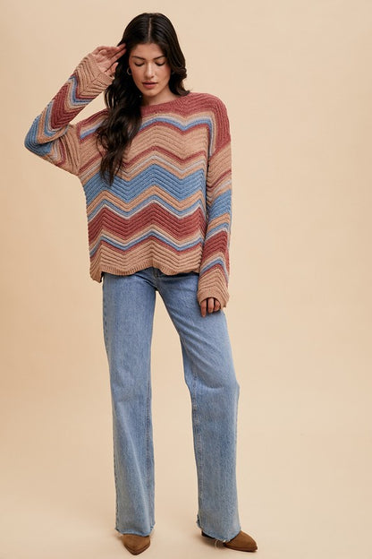 Multi Color Zig-Zag Round Neck Sweater