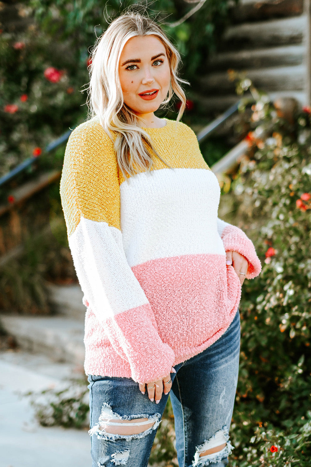 Plus Color Block Round Neck Sweater