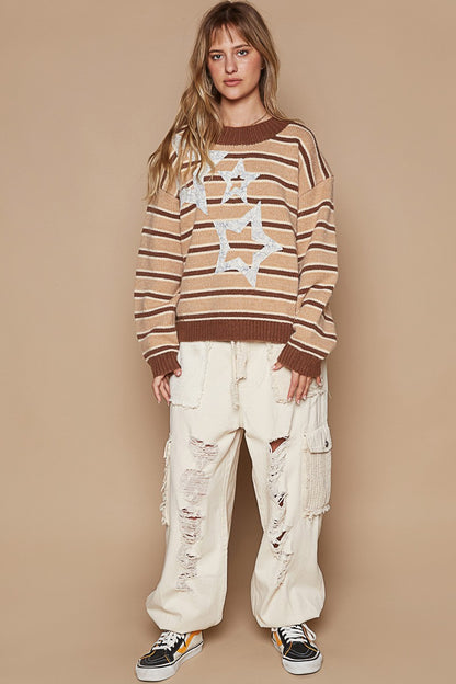 Star Patch Stripe Round Neck Sweater