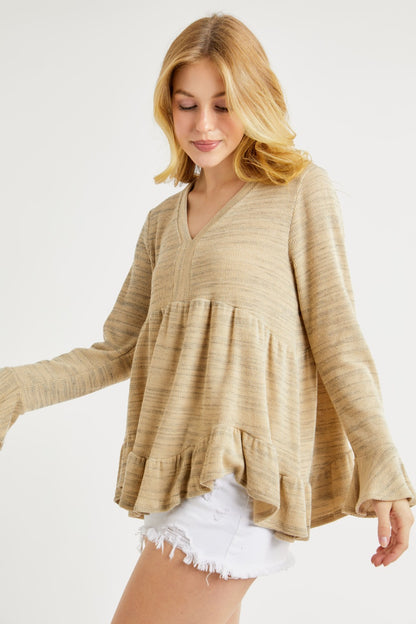 V-Neck Flounce Sleeve Knit Top