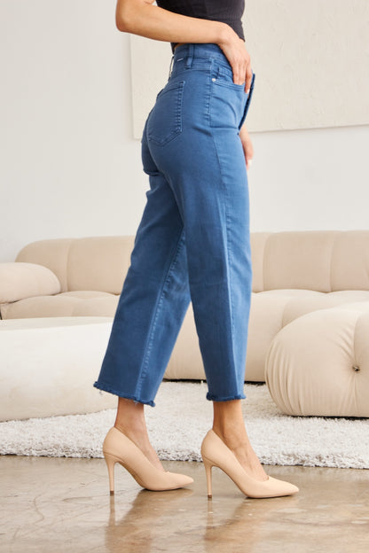 Crop Tummy Control High Waist Raw Hem Jeans