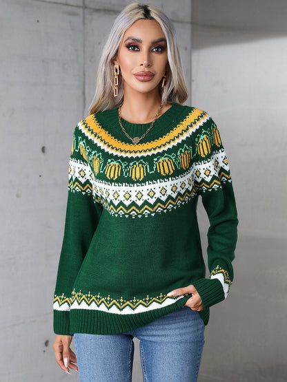 Geometric Round Neck Long Sleeve Sweater