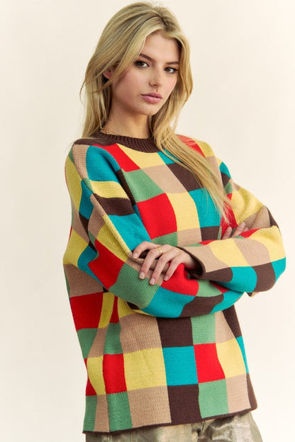 Color Block Checkered Dropped Shoulder Sweater