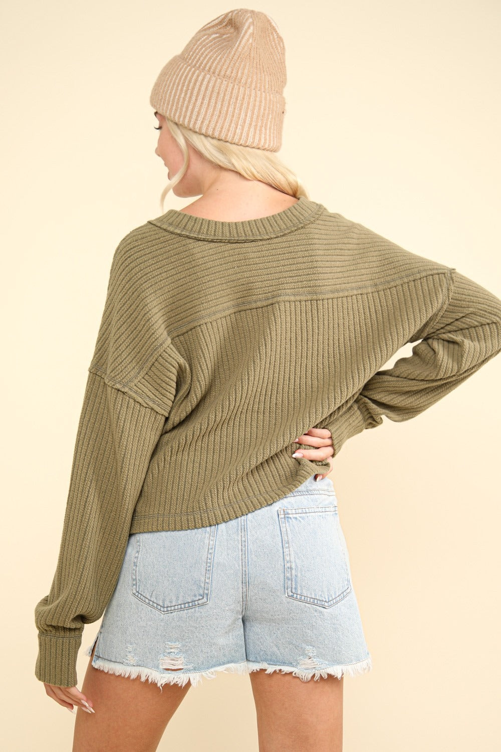 Exposed Seam V-Neck Ribbed Knit Top