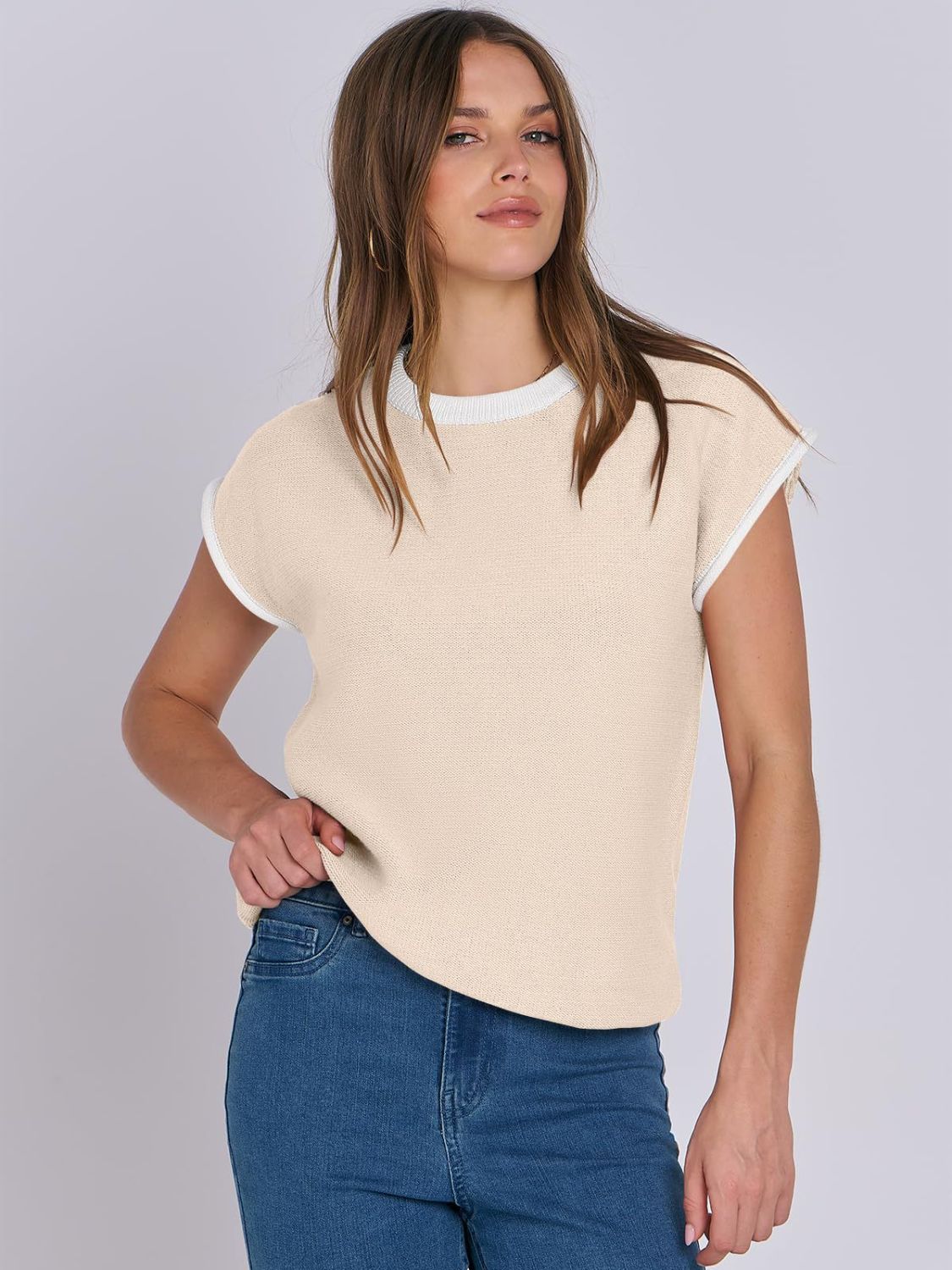 Contrast Round Neck Cap Sleeve Sweater