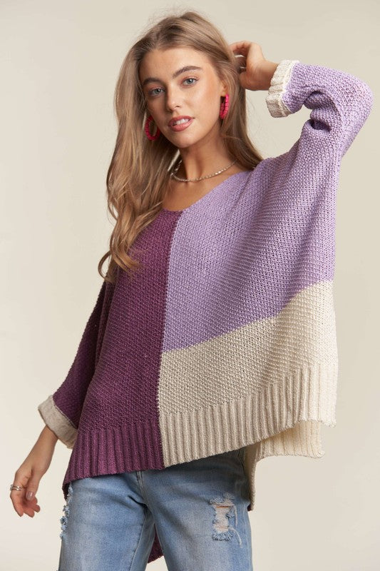 Side Slit Color Block Long Sleeve Sweater