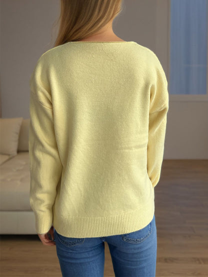 V-Neck Dropped Shoulder Long Sleeve Sweater