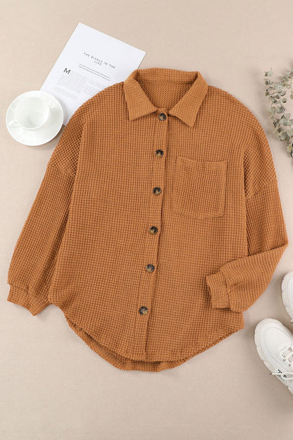 Waffle-Knit Collared Neck Long Sleeve Shirt