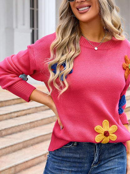 Crochet Flower Round Neck Sweater