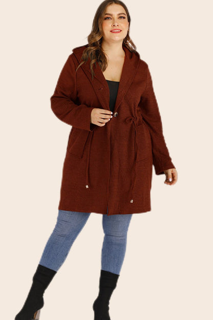 Plus Drawstring Waist Hooded Cardigan with Pockets