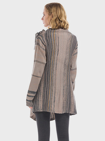 Tassel Striped Open Front Long Sleeve Cardigan