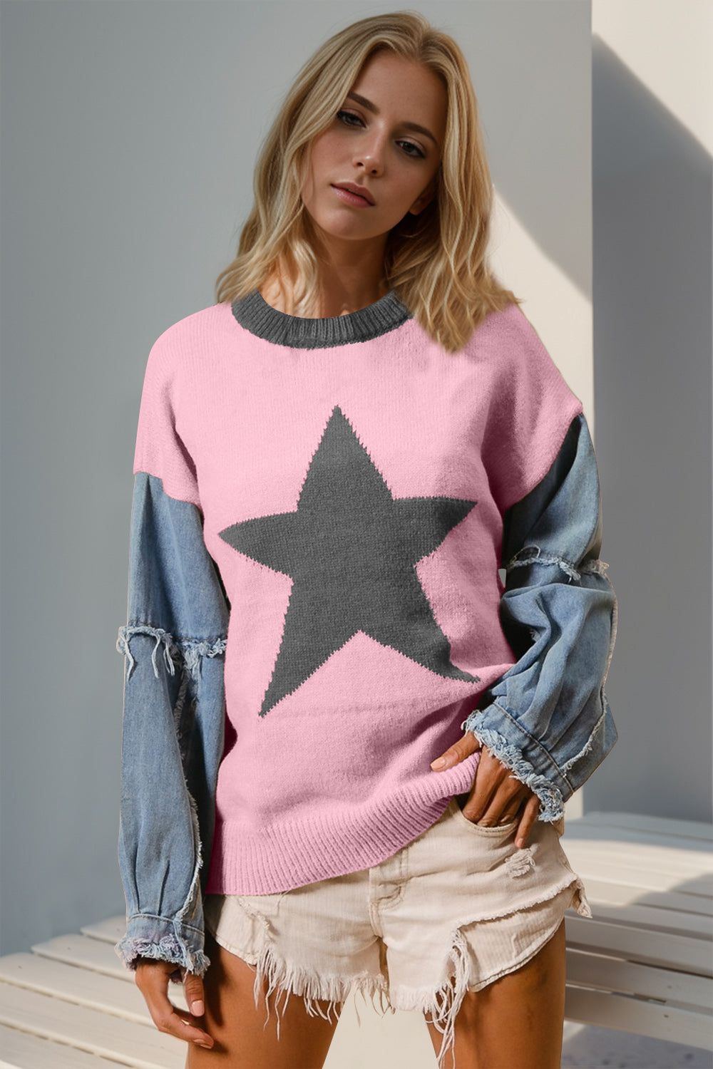 Star  Raw Edge Long Sleeve Sweater