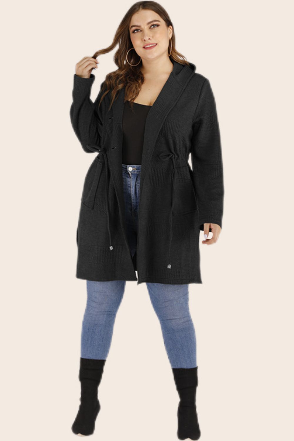 Plus Drawstring Waist Hooded Cardigan with Pockets