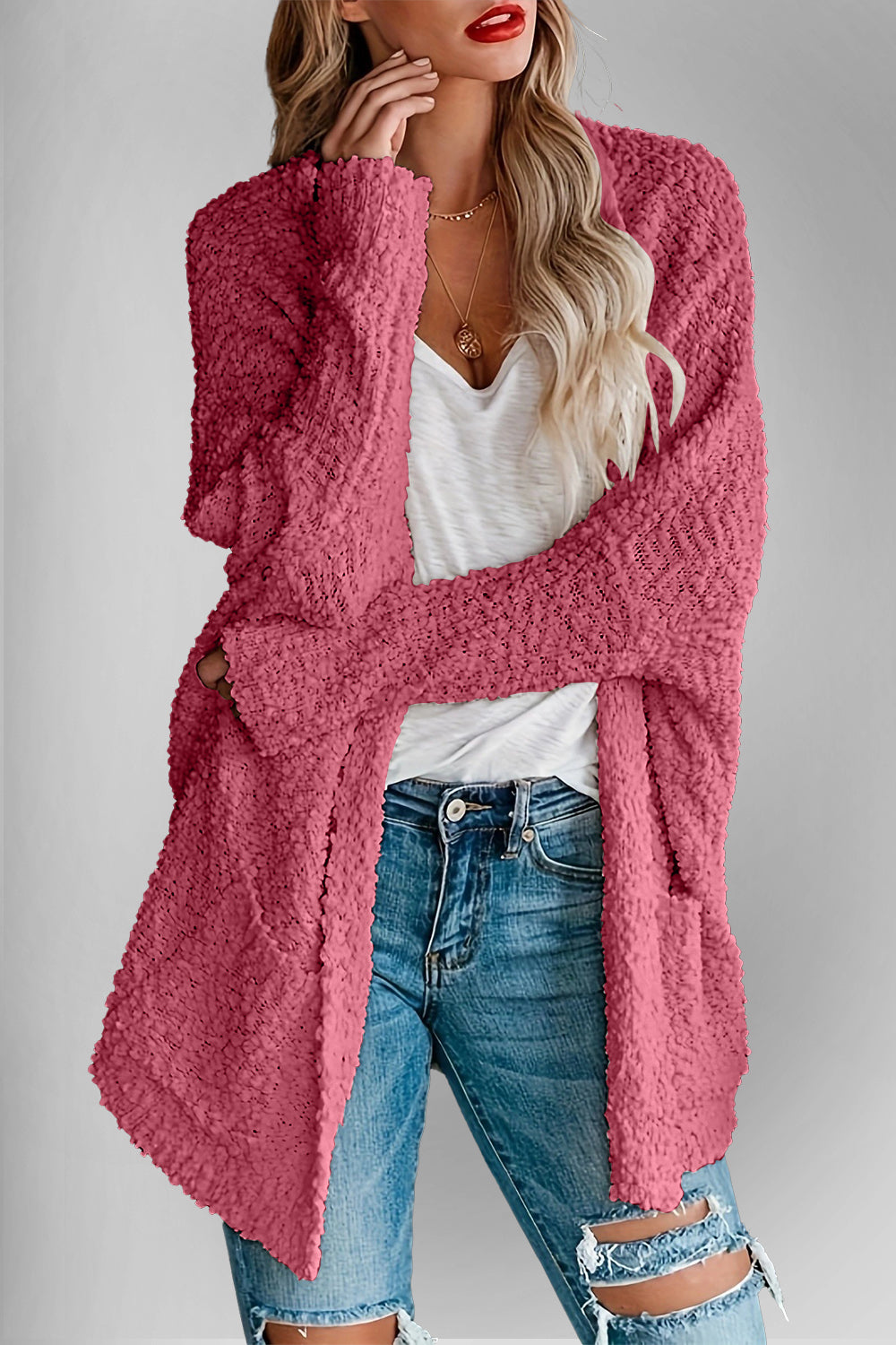 Pocketed Open Front Long Sleeve Cardigan