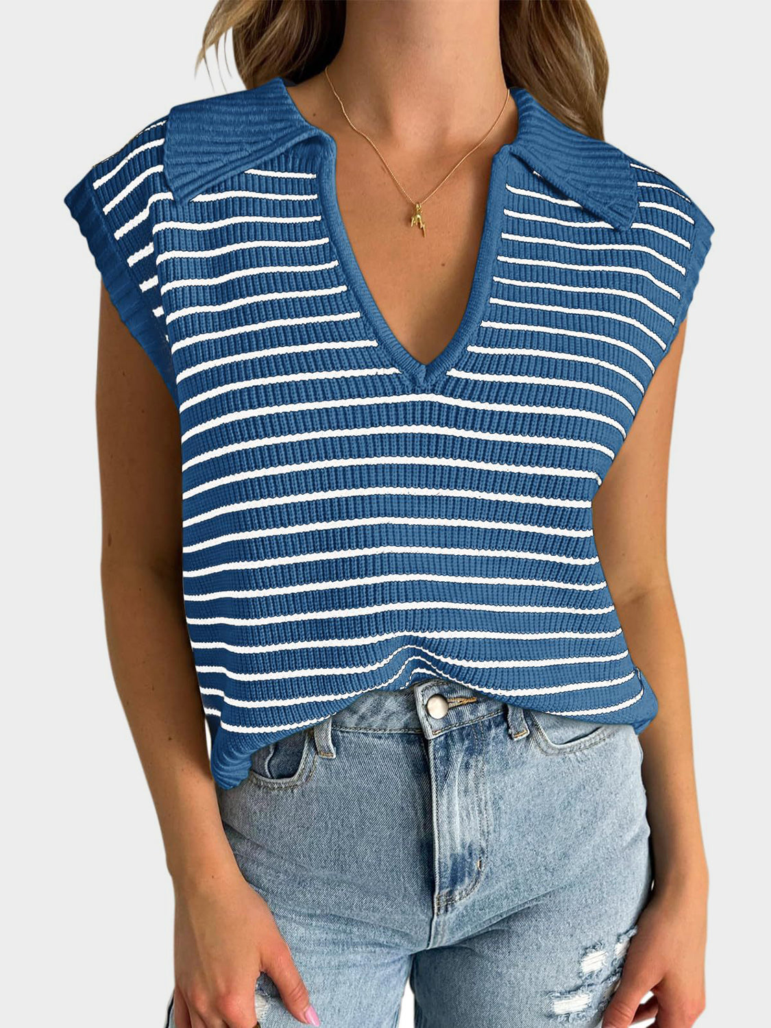 Collared Neck Striped Sweater Vest