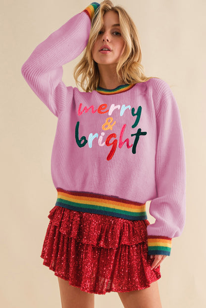 Merry & Bright Christmas Ribbed Round Neck Sweater