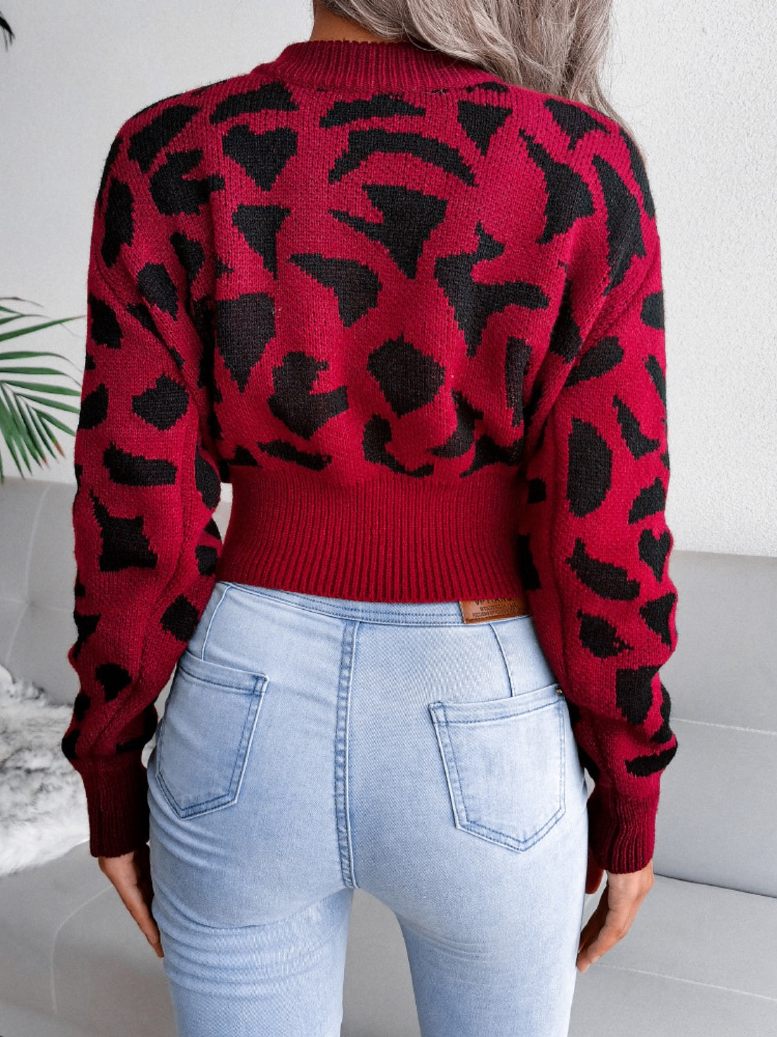 Leopard Round Neck Dropped Shoulder Sweater