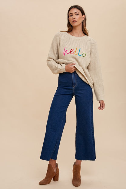 HELLO Embroidered Raglan Sleeve Sweater