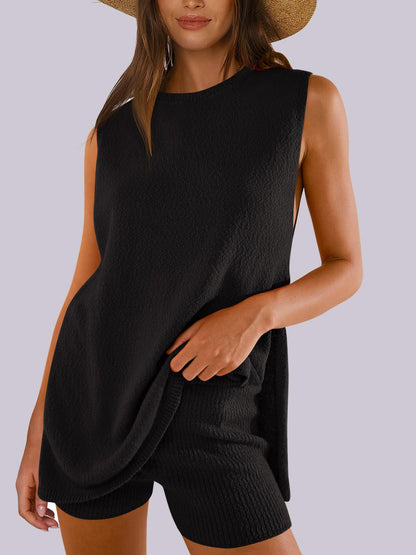 Side Slit Round Neck Tank and Shorts Sweater Set