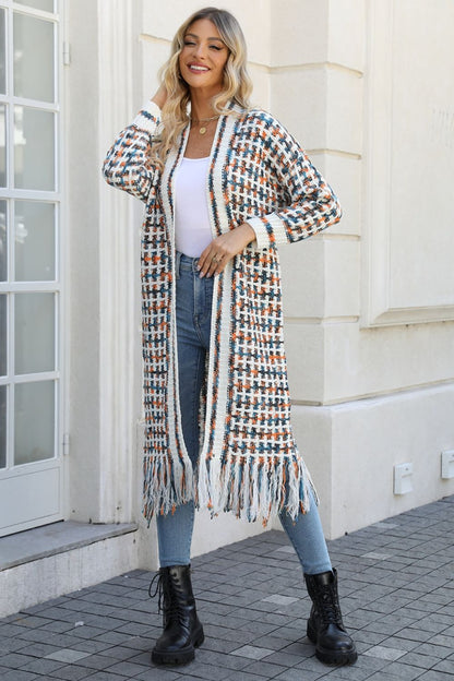 Multicolor Open Front Fringe Hem Cardigan