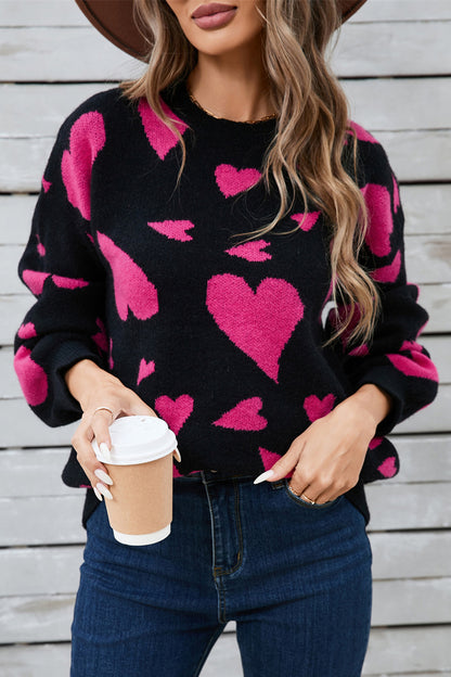 Heart Contrast Round Neck Long Sleeve Sweater