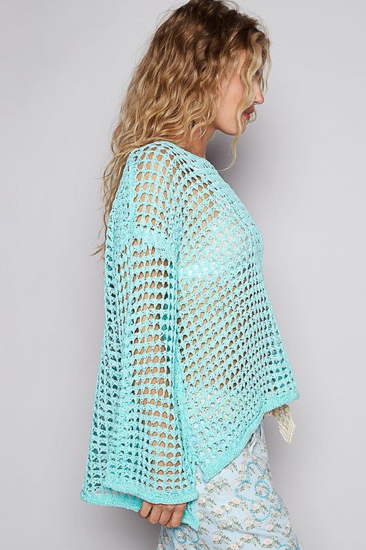 Side Slit Openwork Long Sleeve Knit Cover Up