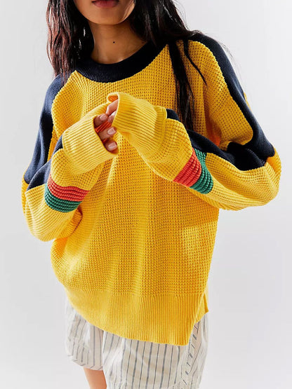 Waffle-Knit Contrast Round Neck Sweater