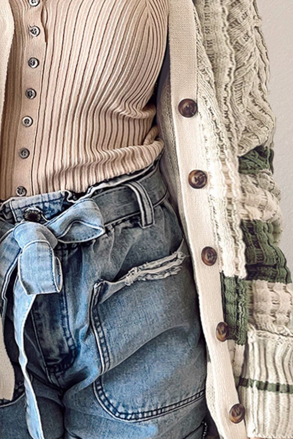 Plus Striped Button Up Dropped Shoulder Cardigan