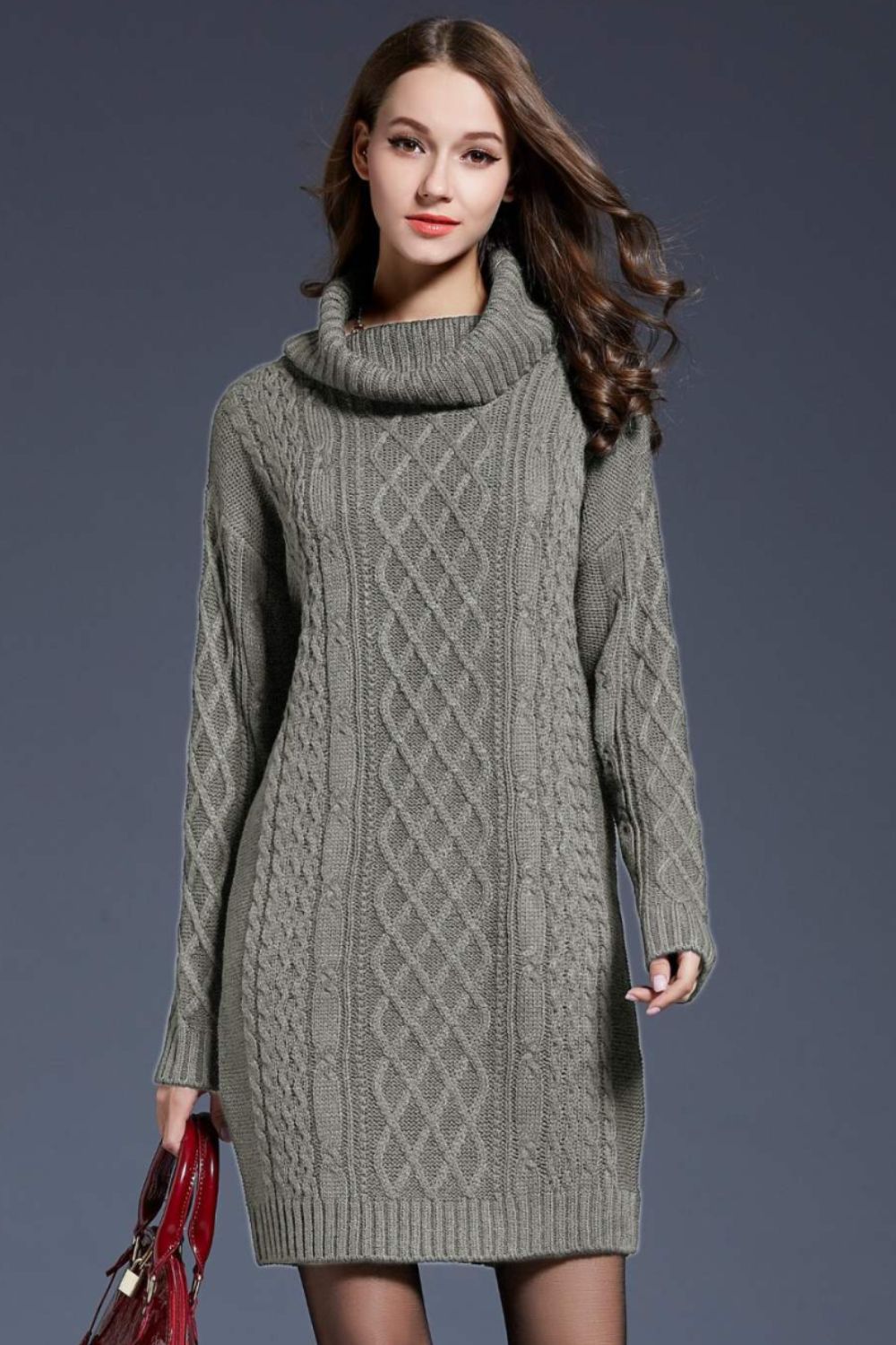 Mixed Knit Cowl Neck Dropped Shoulder Sweater Dress