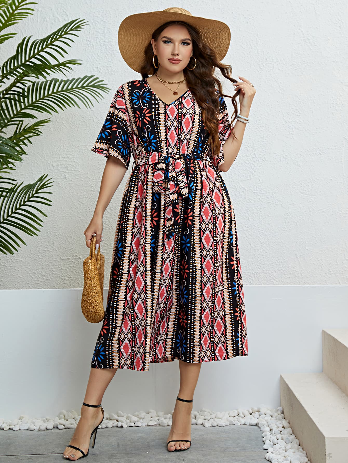 Plus Bohemian V-Neck Tie Belt Midi Dress